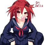  1girl breasts chewing_gum hair_between_eyes highres kurozero long_hair long_sleeves low_twintails medium_breasts neckerchief neptune_(series) pleated_skirt red_eyes red_hair red_neckerchief school_uniform serafuku shin_jigen_game_neptune_vii shirt skirt solo tennouboshi_uzume twintails very_long_hair 