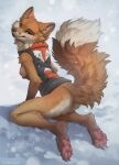  anthro breasts butt canid canine clothing dipstick_tail female fluffy fluffy_tail fox fur hi_res hioshiru kneeling looking_at_viewer looking_back looking_back_at_viewer mammal markings nipples one_breast_out orange_body orange_fur outside pawpads smile snow snowing solo sweater sweater_vest tail tail_markings topwear vest whiskers 