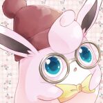  :o asakirirokuyu beanie blue_eyes bow bowtie commentary_request floral_background flower glasses hat highres looking_at_viewer no_humans open_mouth pink_background pokemon pokemon_(creature) pom_pom_(clothes) red_flower red_headwear round_eyewear simple_background solo wigglytuff yellow_bow yellow_bowtie 