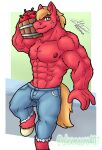  4_fingers abs alexmauro407 anthro anthrofied apple athletic athletic_anthro athletic_male big_macintosh_(mlp) bottomwear brown_hair brown_tail bucket bulge clothed clothing collarbone container digital_media_(artwork) earth_pony equid equine fingers food freckles friendship_is_magic fruit fur green_eyes hair hasbro hooves horse inner_ear_fluff looking_at_viewer male mammal muscular muscular_anthro muscular_male my_little_pony nipples pants plant pony red_body red_fur shirtless smile solo tail topless tuft unguligrade 
