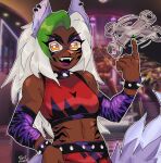  1girl animal_ear_piercing animal_ears arm_warmers balancing_on_finger bracelet breasts commentary crop_top dark-skinned_female dark_skin earrings english_commentary eyeshadow fangs five_nights_at_freddy&#039;s five_nights_at_freddy&#039;s:_security_breach fox_ears fox_girl fox_tail green_hiar highres holding holding_wrench humanization jewelry makeup medium_breasts multicolored_hair open_mouth pcktknife purple_eyeshadow roxanne_wolf_(fnaf) signature smile solo spiked_bracelet spikes streaked_hair tail tiger_stripes two-tone_hair upper_body white_hair wrench yellow_eyes 