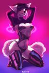  anthro big_breasts blush breasts canid canine canis clothed clothing digital_media_(artwork) fangs female fur hair hi_res latex latex_stockings legwear looking_at_viewer mammal peso3avr red_eyes simple_background solo tail teeth vampire wolf 