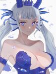  1girl black_clover blue_horns blush breasts cleavage_cutout closed_mouth clothing_cutout crown fins grey_hair hair_ribbon head_fins highres horns long_hair looking_at_viewer low_twintails noelle_silva ribbon rizaavana smile solo twintails water 