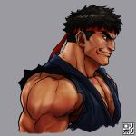  1boy alternate_skin_color black_hair cheekbones dark-skinned_male dark_skin dougi forked_eyebrows from_side headband highres jamrolypoly looking_ahead male_focus muscular muscular_male pectoral_cleavage pectorals red_eyes red_headband ryu_(street_fighter) short_hair smirk solo street_fighter thick_eyebrows thick_neck 