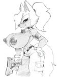  anthro belt big_breasts black_and_white breasts canid canine canis cleavage clothed clothing collar cowbell fangs female gun hair hi_res idw_publishing kevinsano mammal monochrome ponytail ranged_weapon sega solo sonic_the_hedgehog_(comics) sonic_the_hedgehog_(idw) sonic_the_hedgehog_(series) tail teeth topless traditional_media_(artwork) weapon whisper_the_wolf wolf 