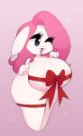  4_fingers accessory anthro big_breasts bow_in_front breasts chest_bow clothing ears_down female fingers hair huge_breasts lagomorph legwear leporid mammal mu_(artist) one_eye_closed pink_hair pivoted_ears rabbit ribbons simple_background solo white_body 