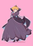  1girl black_dress black_gloves blonde_hair crown dress earrings elbow_gloves full_body gloves highres jewelry looking_at_viewer mario_(series) medium_hair paper_mario paper_mario:_the_thousand_year_door pink_background princess_peach red_eyes saiwo_(saiwoproject) shadow_queen simple_background solo 