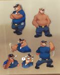  2023 anthro bear belly black_nose bottomwear brok_the_investigator brown_body brown_fur clothing exclamation_point eyes_closed fur hat headgear headwear hi_res humanoid_hands laugh male mammal moobs overweight overweight_male pants piti_yindee police police_badge police_hat police_officer police_uniform r.j._(brok_the_investigator) shirt solo surprise topwear uniform 