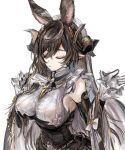  1girl animal_ears blue_hair breasts brown_hair closed_eyes closed_mouth commentary detached_sleeves dress extra_ears frills galleon_(granblue_fantasy) gloves granblue_fantasy hair_between_eyes hat highres horns large_breasts long_hair long_sleeves nataro_1116 pointy_ears simple_background solo striped upper_body very_long_hair white_background white_gloves white_headwear 