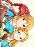  1boy 2girls absurdres blonde_hair blue_eyes braid colored_skin crown_braid fish_girl green_eyes hair_ornament hairclip highres holding_another&#039;s_arm jealous jewelry light_brown_hair link long_hair mipha mizunocarbona multiple_girls pointy_ears pout princess_zelda red_skin short_hair sideways the_legend_of_zelda the_legend_of_zelda:_breath_of_the_wild yellow_eyes zora 