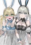  2girls ahoge animal_ears artoria_caster_(fate) artoria_caster_(swimsuit)_(fate) artoria_caster_(swimsuit)_(fate)_(cosplay) artoria_pendragon_(fate) bare_shoulders black_dress blonde_hair blue_dress blue_eyes blush breasts cleavage cosplay dress fake_animal_ears fate/grand_order fate_(series) green_eyes grey_hair hairband highres long_hair looking_at_viewer medium_breasts multiple_girls nipi27 open_mouth puffy_short_sleeves puffy_sleeves rabbit_ears short_sleeves skirt small_breasts tonelico_(fate) twintails very_long_hair white_skirt 