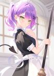  1girl absurdres apron demon_girl demon_tail ear_piercing green_eyes hair_between_eyes hair_ornament highres hololive maid maid_apron maid_headdress multicolored_hair piercing pink_hair puffy_sleeves purple_hair sakura_yunuto solo streaked_hair tail tail_ornament tail_piercing tokoyami_towa virtual_youtuber white_apron x_hair_ornament 