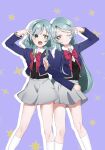  2girls aliasing aqua_hair bang_dream! black_sweater_vest blue_jacket blush bow bowtie braid collared_shirt commentary_request cropped_jacket dress_shirt feelily feet_out_of_frame green_eyes grey_skirt hand_up highres hikawa_hina hikawa_sayo jacket kneehighs locked_arms long_hair long_sleeves looking_at_viewer mismatched_pupils multiple_girls one_eye_closed open_clothes open_jacket open_mouth oshi_no_ko outline partial_commentary pink_bow pink_bowtie school_uniform shirt siblings sidelocks sisters skirt socks sparkle star-shaped_pupils star_(symbol) sweater_vest symbol-shaped_pupils twin_braids twins v very_long_hair white_outline white_shirt white_socks youtou_high_school_uniform 