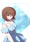  1girl anj-euna_seona blue_dress blunt_ends blush breasts brown_hair cleavage collarbone dress hagiwara_yukiho hair_between_eyes idolmaster idolmaster_(classic) idolmaster_million_live! looking_ahead medium_breasts off-shoulder_dress off_shoulder short_hair solo 