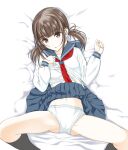  1girl bed_sheet black_socks blue_sailor_collar blue_skirt bra brown_eyes brown_hair clothes_lift commentary from_above head_tilt highres lifted_by_self long_sleeves looking_at_viewer low_twintails lying medium_hair moonsorrow navel neckerchief on_back on_bed original outstretched_arms panties parted_lips pleated_skirt red_neckerchief sailor_collar school_uniform serafuku shirt shirt_lift skirt skirt_lift socks solo spread_arms twintails underwear white_bra white_panties white_shirt 