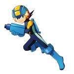  1boy android arm_cannon blue_bodysuit blue_footwear blue_gloves bodysuit boots full_body gloves green_eyes helmet highres looking_at_viewer male_focus mega_man_(series) mega_man_battle_network_(series) megaman.exe poshino_pikari smile solo transparent_background weapon 