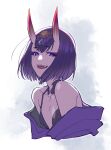  1girl bob_cut breasts cleavage collarbone eyeliner fate/grand_order fate_(series) headpiece horns japanese_clothes kimono looking_at_viewer makeup off_shoulder oni_horns open_mouth purple_eyes purple_kimono revealing_clothes short_eyebrows shuten_douji_(fate) skin-covered_horns small_breasts smile solo teeth upper_body upper_teeth_only white_background zanshi 