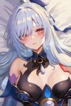  1girl bare_shoulders bed_sheet blue_dress breasts cleavage commentary dress grey_hair highres honkai:_star_rail honkai_(series) jingliu_(honkai:_star_rail) large_breasts leonmandala long_hair looking_at_viewer lying on_back parted_lips red_eyes solo upper_body 