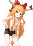  1girl absurdres black_shorts blue_ribbon blush bow collarbone feet_out_of_frame hair_bow highres horn_ornament horn_ribbon horns ibuki_suika long_hair looking_at_viewer navel oeyama oni_horns open_mouth orange_eyes orange_hair red_bow ribbon shorts simple_background smile solo touhou white_background wrist_cuffs 