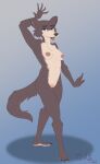  2022 absurd_res alternate_version_at_source anthro beastars breasts brown_body brown_fur canid canine canis claws countershade_torso countershading dancing female finger_claws full-length_portrait fur genitals hi_res juno_(beastars) looking_at_viewer mammal nipples nude nude_female portrait pussy raised_arm solo taiarts wolf 