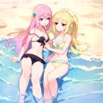  2girls :&gt; ahoge ai-assisted bare_legs barefoot beach bikini black_bikini blonde_hair blush bocchi_the_rock! breast_poke breasts cleavage closed_mouth commentary cube_hair_ornament curvy eyes_visible_through_hair feet_out_of_frame flirting frilled_bikini frills front-tie_bikini_top front-tie_top gotou_hitori hair_ornament hair_spread_out halterneck highres ijichi_nijika kadohusa_ginpo knee_up large_breasts long_hair looking_at_another lying multiple_girls navel ocean off_shoulder on_back one_side_up open_mouth outdoors parted_bangs pink_hair poking red_ribbon ribbon shiny_skin side-by-side side_ponytail sidelocks small_breasts smile smug soaking_feet stomach swimsuit very_long_hair waves wet wet_hair white_ribbon yellow_bikini yuri 
