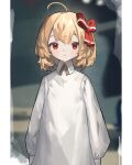  1girl absurdres ahoge blonde_hair closed_mouth clynxen collared_shirt hair_ribbon highres long_sleeves looking_at_viewer pillarboxed puffy_long_sleeves puffy_sleeves red_eyes red_ribbon ribbon rumia shirt short_hair sleeves_past_fingers sleeves_past_wrists solo touhou upper_body white_shirt 