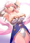  1girl ahoge armpits arms_up blue_eyes breasts cameltoe dress gabriel_(granblue_fantasy) gauntlets granblue_fantasy hair_between_eyes highres large_breasts long_hair looking_at_viewer mm_(yoromu) nipples pink_hair sidelocks solo standing 