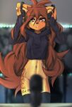  2023 anthro apogee_(tinygaypirate) bottomless bottomless_anthro bottomless_female breasts canid canine canis clothed clothing convenient_censorship cropped_hoodie digital_media_(artwork) domestic_dog female female_anthro floppy_ears fur hair headphones hi_res kemono legwear long_hair looking_at_viewer mammal navel piercing portrait small_breasts solo spitz tail tattoo thigh_highs three-quarter_portrait tinygaypirate 