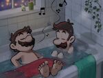  2boys bath bathing bathroom bathtub beanie_(mario) brothers brown_hair closed_eyes facial_hair highres indoors luigi mari_luijiroh mario mario_&amp;_luigi_rpg mario_(series) masanori_sato_(style) multiple_boys musical_note mustache piranha_plant short_hair siblings spoken_musical_note water 