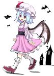  1girl 9302w_(user_wjpg8475) :d bat_wings blue_hair breasts dress fang full_body happy hat highres looking_at_viewer mob_cap open_mouth pink_dress pointy_ears red_footwear remilia_scarlet simple_background skin_fang small_breasts smile solo touhou walking wings 