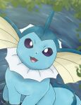  ambiguous_gender blue_body eeveelution feral fin generation_1_pokemon hi_res looking_at_viewer multicolored_body nintendo open_mouth partially_submerged pokemon pokemon_(species) purple_sclera quadruped rumine smile solo vaporeon water white_body white_eyes yellow_body 
