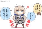  2girls ? black_gloves blue_bow blue_eyes blue_necktie bow brown_thighhighs capelet chibi commentary_request dress full_body garter_straps gloves goma_(yoku_yatta_hou_jane) grey_capelet grey_dress head_only headgear ikazuchi_(kancolle) kantai_collection light_brown_hair long_hair low_twintails maryland_(kancolle) multicolored_capelet multiple_girls necktie open_mouth pleated_dress radio_antenna simple_background sleeveless standing strapless strapless_dress thighhighs translation_request twintails twitter_username wavy_mouth white_background 