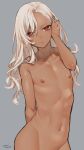  1boy absurdres adjusting_hair artist_name copyright_request cowboy_shot dark-skinned_male dark_skin dated expressionless grey_background groin hair_over_one_eye hand_in_own_hair highres long_hair looking_at_viewer male_focus navel nipples nude otoko_no_ko out-of-frame_censoring parted_lips red_eyes signature simple_background solo tawapo white_hair 