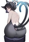  1girl absurdres animal_ears ass ass_focus black_eyes black_hair blue_archive blue_halo bluerabbit_gap cat_ears cat_tail from_behind halo highres kikyou_(blue_archive) multiple_tails open_mouth shaded_face short_hair simple_background sitting solo tail two_tails white_background 