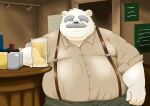  2023 anthro bear belly big_belly black_nose bottomwear clothing facial_hair hi_res humanoid_hands inside kemono male mammal mature_male mustache overweight overweight_male pants polar_bear sitting solo suspenders ursine white_body yanununununu 