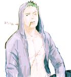  1boy abs alternate_costume bara c69 green_hair hood hood_up hooded_jacket jacket looking_to_the_side male_focus muted_color one_piece open_clothes open_jacket pectoral_cleavage pectorals roronoa_zoro scar scar_across_eye short_hair sketch solo stomach toned toned_male translation_request upper_body 