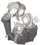  1boy 2girls bare_shoulders bisexual_female blush boy_and_girl_sandwich bracelet breasts cleavage closed_eyes closed_mouth collarbone commentary cropped_torso dress english_commentary fire_emblem fire_emblem_awakening flying_sweatdrops greyscale grin hair_ornament heart height_difference highres hood hood_down hooded_robe hug jewelry long_hair monochrome multiple_girls ponytail robe robin_(female)_(fire_emblem) robin_(fire_emblem) robin_(male)_(fire_emblem) sakuremi short_hair signature smile spot_color strapless strapless_dress tiki_(adult)_(fire_emblem) tiki_(fire_emblem) twintails 