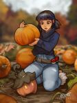  1girl artist_name autumn belt black_hair black_sweater blue_pants blunt_bangs blurry blurry_background brown_eyes brown_footwear commentary commission day denim depth_of_field dragonfu english_commentary eyelashes farm field food fur-trimmed_footwear gourgeist grey_belt high-waist_pants holding holding_food holding_pumpkin holding_vegetable jeans kate_mikolajczyk kneeling lips long_sleeves looking_at_another looking_down original outdoors pants parted_lips poke_ball pokemon pokemon_(creature) pumpkaboo pumpkin raised_eyebrows short_hair signature solo sweater turtleneck turtleneck_sweater vegetable 