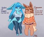  2023 4_toes 5_fingers absurd_res anthro armwear baggy_clothing baggy_shirt baggy_topwear big_breasts black_nose blasticussaturn blue_body blue_eyes blue_fur blue_hair bottomwear breasts brown_body brown_eyes brown_fur brown_hair canid canine canis chest_tuft cinnamon_(blasticussaturn) claws cleavage clothed clothing digital_media_(artwork) dipstick_tail duo eevee eeveelution english_text feet female fingers footwear full-length_portrait fur generation_1_pokemon generation_4_pokemon glaceon hair hi_res hotpants larger_female legwear looking_at_viewer male mammal markings nintendo nipple_outline pokemon pokemon_(species) portrait shirt shorts signature simple_background size_difference slushie_(blasticussaturn) smaller_male smile stockings tail tail_markings tan_body tan_fur text thigh_highs toe_claws toeless_footwear toeless_legwear toes topwear tuft 