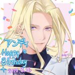  1boy andy_bogard artist_name closed_mouth confetti dated english_text happy_birthday heart light_blush long_hair looking_at_viewer male_focus mmts_g purple_eyes simple_background smile solo the_king_of_fighters the_king_of_fighters_for_girls 
