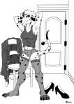  2021 anthro canid canine canis chair claws clenched_teeth clothing dalmatian domestic_dog door fan_character female footwear fur furniture hands_behind_head hi_res high_heels jacket legwear looking_at_viewer mammal marcushunter panties raised_tail shirt signature smile smiling_at_viewer solo spots spotted_body spotted_fur standing stockings tail tank_top teeth toe_claws topwear underwear 