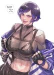  1girl absurdres belt_collar breasts cirenk cleavage collar colored_tips english_text fingerless_gloves gloves heart heart-shaped_pupils highres jacket large_breasts licking_lips multicolored_hair muscular muscular_female navel open_clothes open_jacket purple_hair reina_(tekken) solo speech_bubble stomach symbol-shaped_pupils tekken tekken_8 tongue tongue_out undressing upper_body 