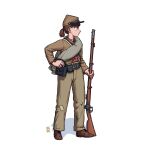  1girl absurdres american_civil_war ammunition_pouch antique_firearm belt blush boots brown_footwear brown_hair brown_headwear brown_jacket brown_pants buttons commentary confederate_states_of_america firelock flintlock full_body gun hat highres holding holding_gun holding_weapon jacket kepi long_sleeves looking_ahead military military_hat military_uniform musket original ostwindprojekt pants patch patchwork_clothes ponytail pouch red_shirt shadow shirt simple_background soldier solo striped striped_shirt uniform weapon white_background 