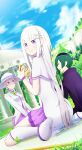  1boy 2girls absurdres bare_shoulders braid cape dress elf emilia_(re:zero) flower food fortuna_(re:zero) green_hair grey_hair hair_flower hair_ornament hair_ribbon highres liteknight long_hair looking_at_viewer multiple_girls official_style parody petelgeuse_romaneeconti picnic pointy_ears purple_eyes purple_ribbon re:zero_kara_hajimeru_isekai_seikatsu ribbon sandwich short_hair style_parody white_flower white_hair x_hair_ornament 