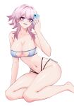  1girl :d absurdres angelstrangeart bare_arms bare_shoulders barefoot bikini blue_eyes breasts cellphone cleavage commentary hand_up highres holding holding_phone honkai:_star_rail honkai_(series) large_breasts long_hair march_7th_(honkai:_star_rail) navel open_mouth phone pink_hair purple_eyes simple_background sitting smartphone smile solo stomach strapless strapless_bikini swimsuit thighs two-tone_eyes white_background yokozuwari 