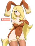  1girl animal_ears artist_name ass_visible_through_thighs blonde_hair breasts brown_gloves brown_hairband brown_leotard brown_thighhighs carrot_print cleavage closed_mouth cosplay covered_navel cynthia_(pokemon) elbow_gloves emixxart fake_animal_ears food_print fur_choker fur_trim gloves grey_eyes groin hair_over_one_eye hairband highleg highleg_leotard highres large_breasts leotard long_hair lopunny lopunny_(cosplay) playboy_bunny poke_ball_print pokemon pokemon_(game) pokemon_dppt rabbit_ears solo thighhighs thighs very_long_hair 