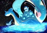  ^_^ absurdres afloat animal_focus black_eyes bright_pupils closed_eyes colored_sclera highres horns lapras mantyke meteor_shower milotic night no_humans open_mouth piplup pokemon pokemon_(creature) red_sclera shell single_horn star_(sky) water white_pupils zeroartwo 