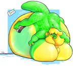  anthro belly big_belly big_breasts big_butt blonde_hair breasts butt featureless_breasts female green_body green_eyes hair hose_inflation huge_breasts hyper hyper_belly hyper_breasts immobile lazygartuz liquid_inflation multicolored_body nude questionable_consent rocio_(lazygartuz) scalie solo sound_effects text unknown_species water_inflation yellow_body 