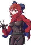  1girl :p absurdres adapted_costume alternate_costume black_bodysuit black_gloves bodysuit breasts cape capelet catsuit cloak covered_navel gloves highres long_sleeves medium_breasts nisikan0724 puffy_sleeves red_cape red_cloak red_eyes red_hair ribbon-trimmed_bow rock_&#039;n&#039;_rock_&#039;n&#039;_beat sekibanki short_hair skin_tight solo tongue tongue_out touhou two-sided_cape two-sided_fabric two-tone_cape zipper 