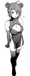  1girl absurdres bare_shoulders blush braid breasts cleavage double_bun dress genderswap genderswap_(mtf) greyscale hair_bun highres indie_virtual_youtuber kushizaki_(vtuber) looking_at_viewer monochrome purple_eyes short_hair solo spot_color st_(youx1119) sweatdrop thighhighs venus_symbol virtual_youtuber 